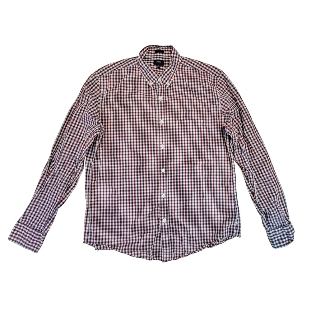 J Crew Slim Fit Mens Gingham Button Down Shirt Red Blue White Long Sleeve L